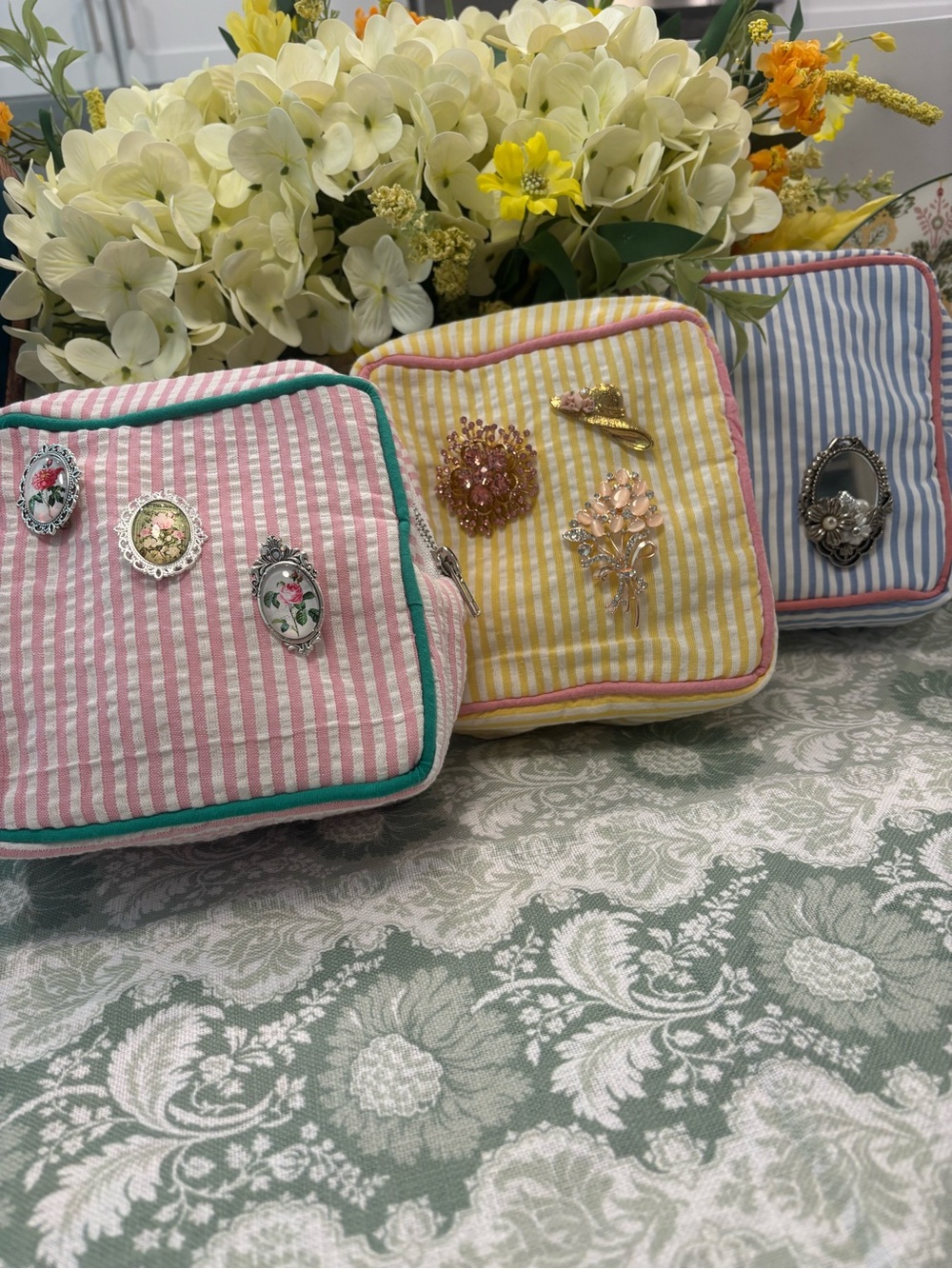 Pink & White Striped Cosmetic Pouch with Green Trim - Picture 3 of 3